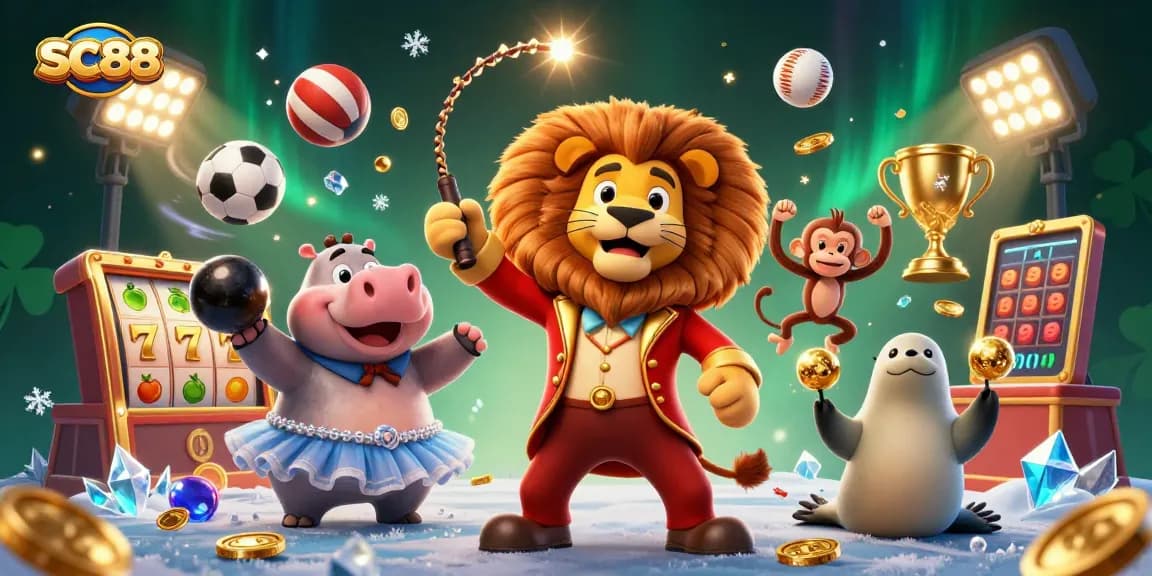 SC88 engages players with a vibrant casino illustration featuring dynamic slot game elements and colorful characters.