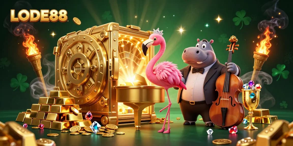 Experience LODE88's vibrant casino atmosphere with lively characters and dazzling treasures.