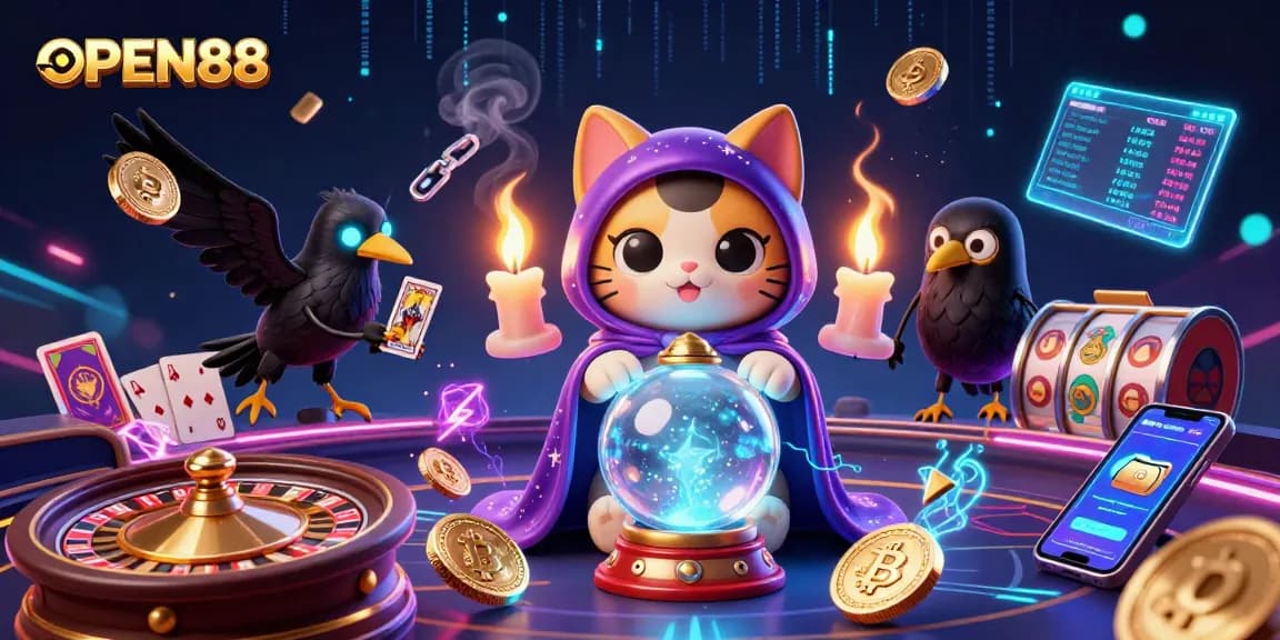 Experience the excitement of OPEN88 with captivating casino elements, showcasing vibrant gaming scenes and mystical characters.