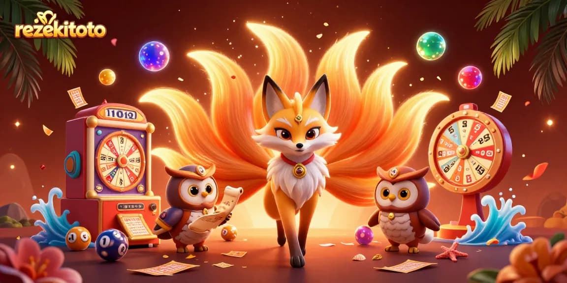 Rezekitoto showcases a vibrant 3D illustration of a nine-tailed fox and wise owl celebrating online lottery excitement.
