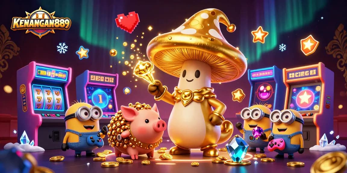 Experience the thrilling magic of KENANGAN889 with golden treasures and vibrant gaming elements.