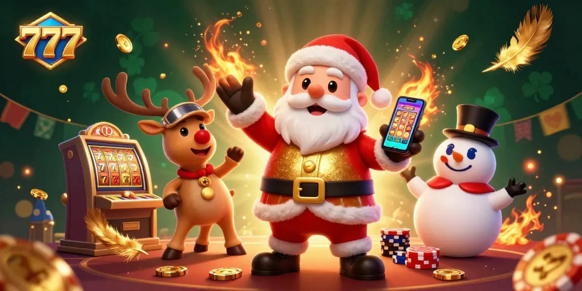 Spin the reels and win with 777-themed Santa and friends in a vibrant casino scene.