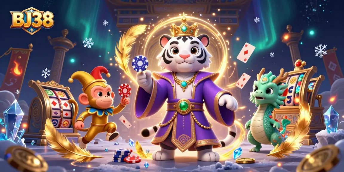 Engage in exciting gameplay at BJ38 with a 3D illustration of a royal tiger, jester monkey, and jade dragon.
