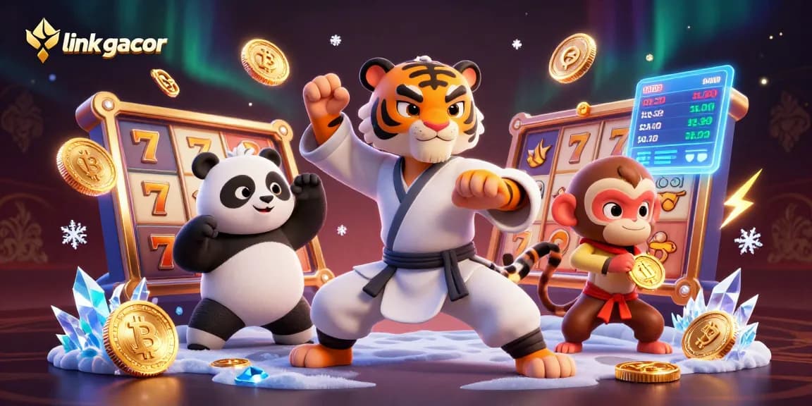 Spin to win with link gacor as a kung fu tiger master and panda disciple express excitement and fun at a dynamic casino scene.