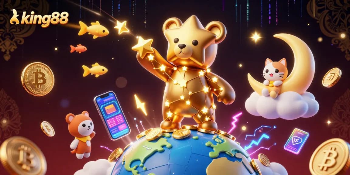 Engage in thrilling gameplay at king88 with vibrant elements like crypto coins and dynamic gaming visuals.