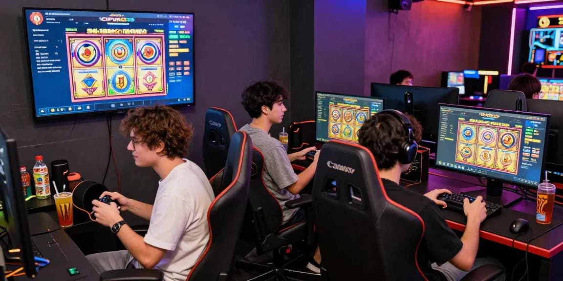 Gambaran pemain bersemangat di lounge gaming online CIPUNG138, menunjukkan sensasi permainan slot.