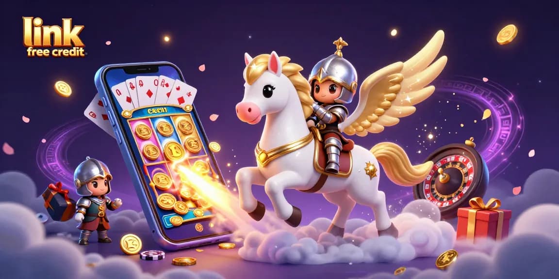 Experience the thrill of link free credit with a celestial horse and knight in this vibrant casino illustration.