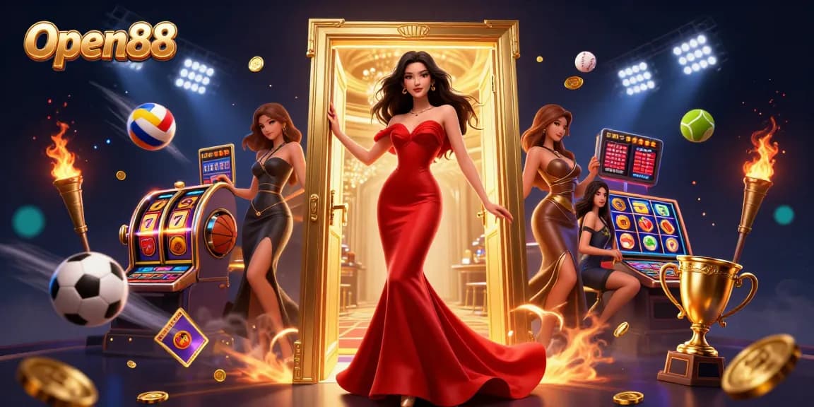 Experience Open88's luck with a beautiful Asian woman in a casino doorway surrounded by vibrant slot games and sports elements.