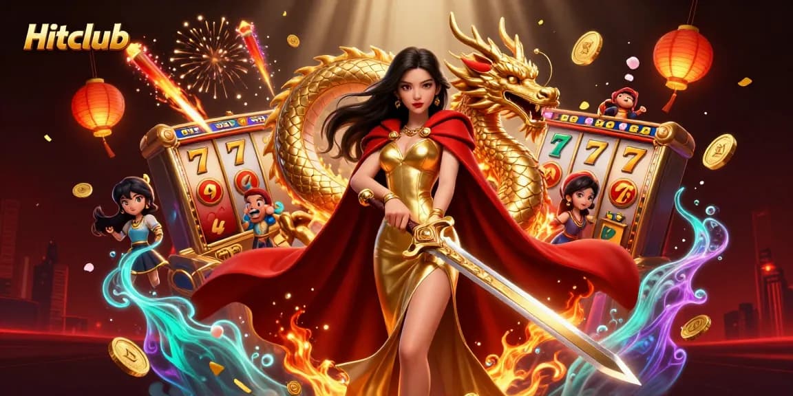 Hitclub unveils a dynamic scene of captivating casino action, featuring a glamorous warrior queen and lucky elements around her.