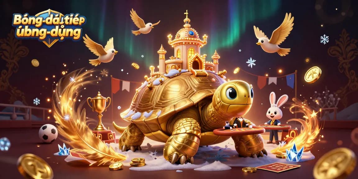 Bóngđátrựctiếpứngdụng showcases a dynamic scene of a tortoise and rabbit dealer amidst sports elements and golden coins.
