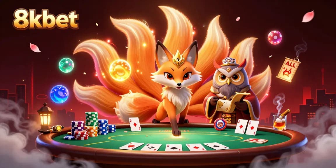 Engage in thrilling games with 8xbet as a vibrant nine-tailed fox and wise owl sage enhance the casino atmosphere.