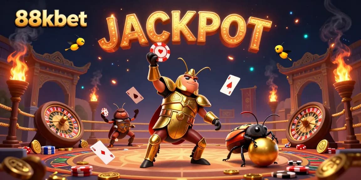 Explore 88kbet's exciting gaming world with a victorious beetle and jackpot celebration.