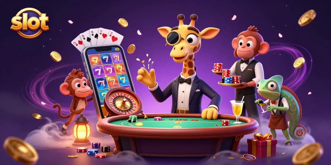 Engage in exhilarating slot games with the high-roller giraffe at a vibrant casino scene.