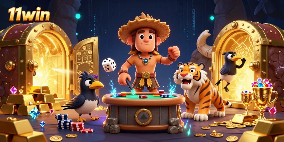 11win engages players with a vibrant prehistoric casino scene filled with treasures and neon elements.