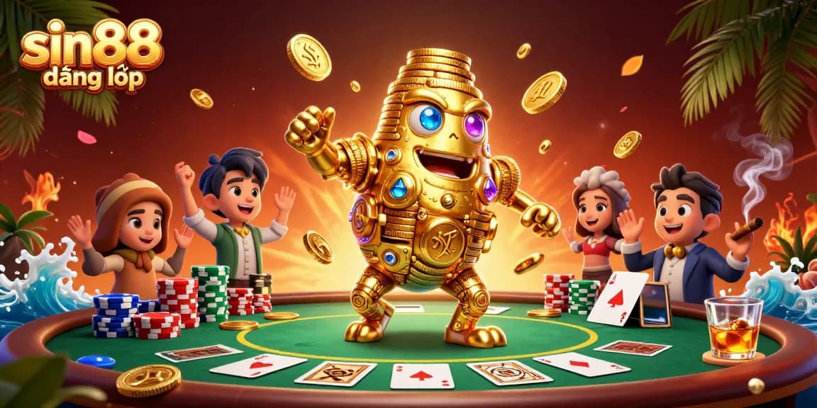 Experience thrilling gaming adventures with sin88 đăng nhập, featuring a golden golem amidst poker elements.