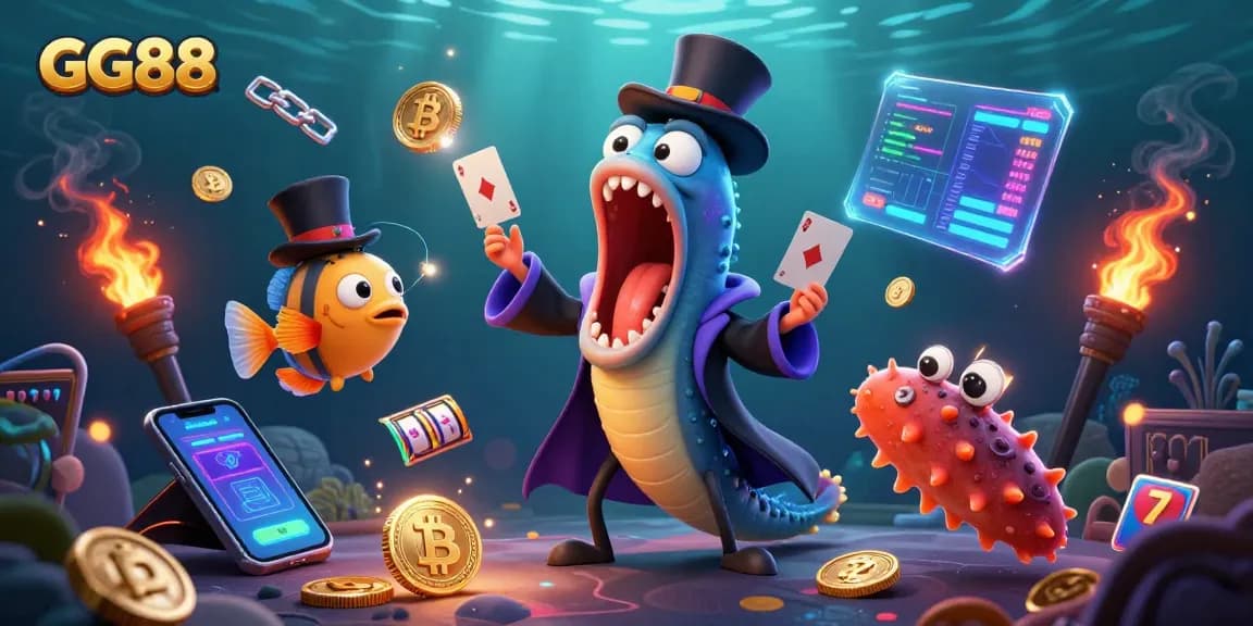 Experience thrilling card magic with GG88 in a vibrant underwater casino scene featuring unique sea creatures.