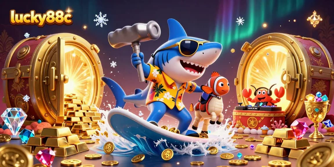Engage with the luck of lucky88c as a cartoon shark surfs on gold coins amidst vibrant casino elements.