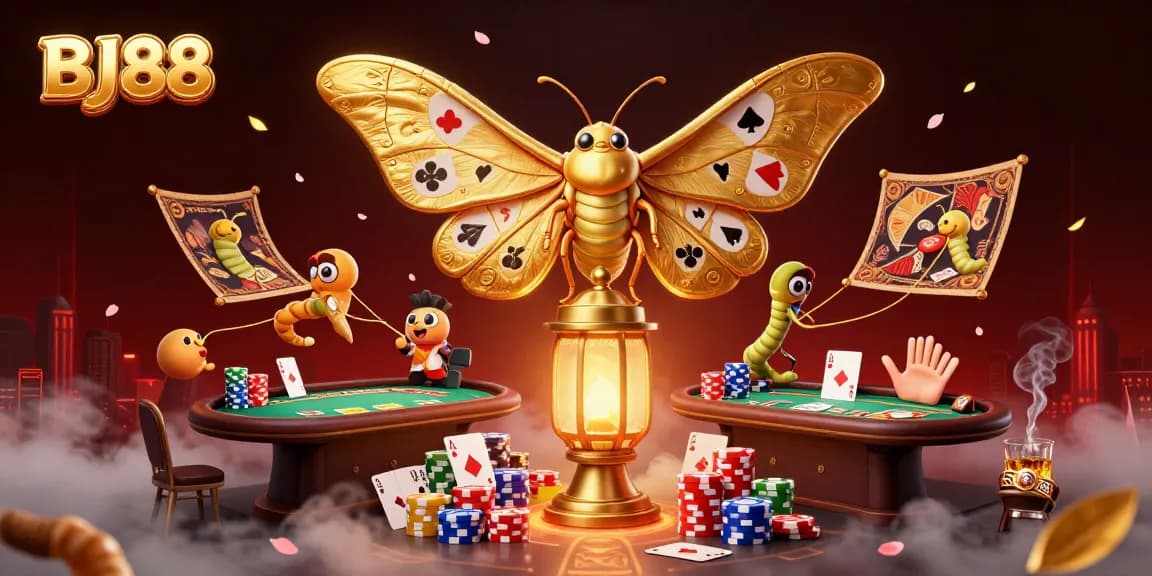 Engage with BJ88's vibrant online gaming scene featuring animated moths and casino elements.