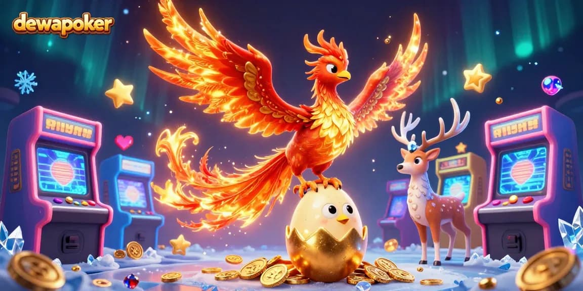 Dewapoker showcases a vibrant 3D scene featuring a majestic phoenix, baby phoenix, and mystical stag amidst arcade game elements.