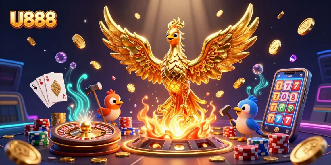 Experience thrilling gaming adventures with U888, showcasing a molten phoenix and vibrant casino elements.