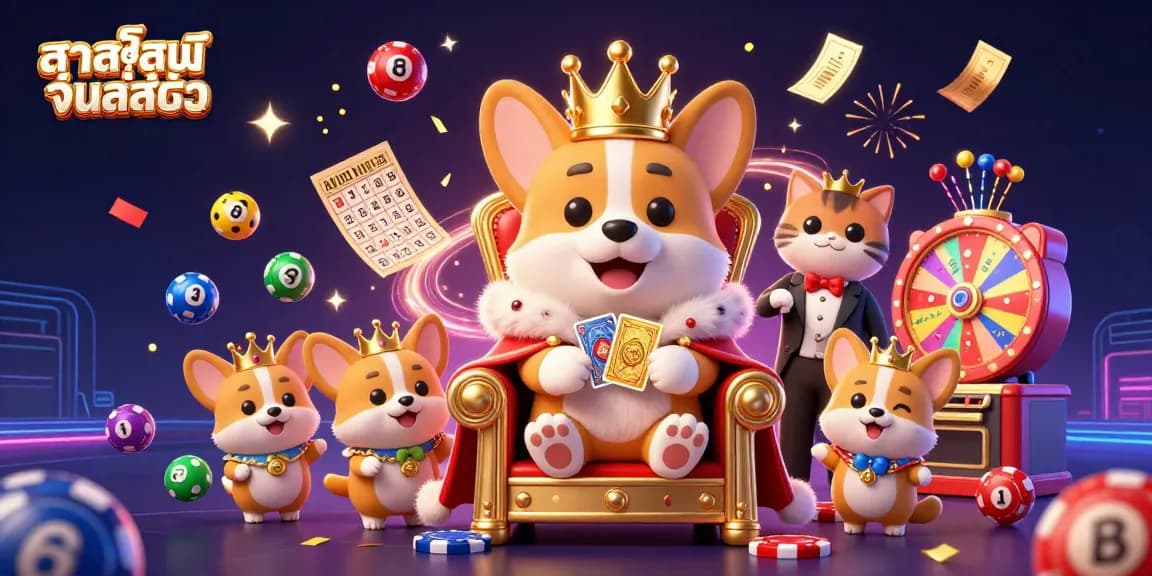 Experience the excitement of កាស៊ីណូអនឡាញ with a vibrant 3D illustration featuring royal corgis amidst dynamic casino elements.