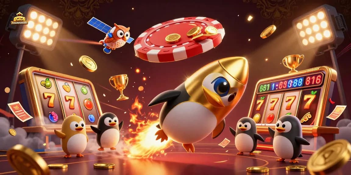Experience KENANGAN889 with vibrant slot games, showcasing a golden penguin in a dynamic casino universe.