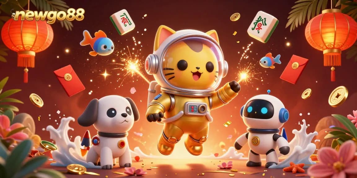 Chơi tại newgo88 với chú mèo phi hành gia trong không gian vàng rực rỡ và vật phẩm may mắn