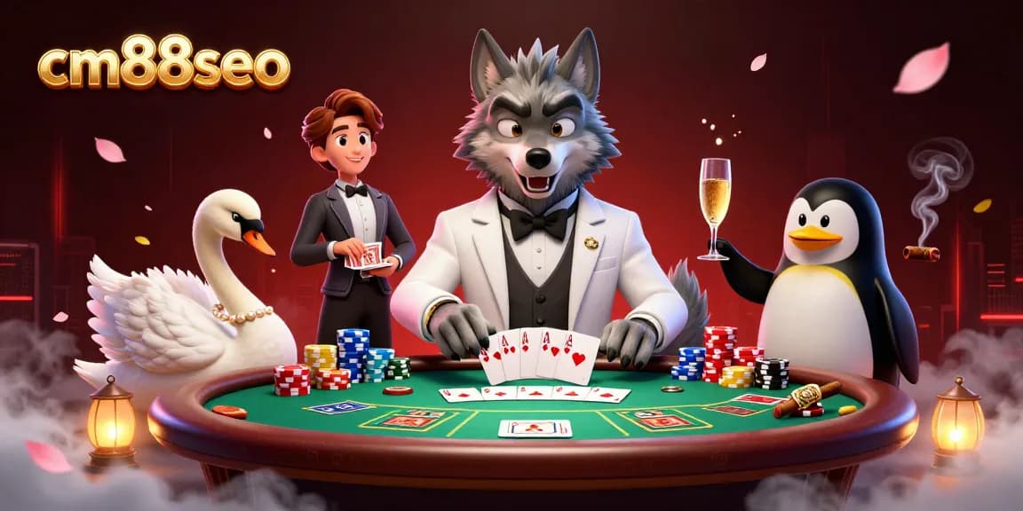 Experience winning gameplay at cm88seo with a debonair wolf and charming characters in a dynamic casino setting.