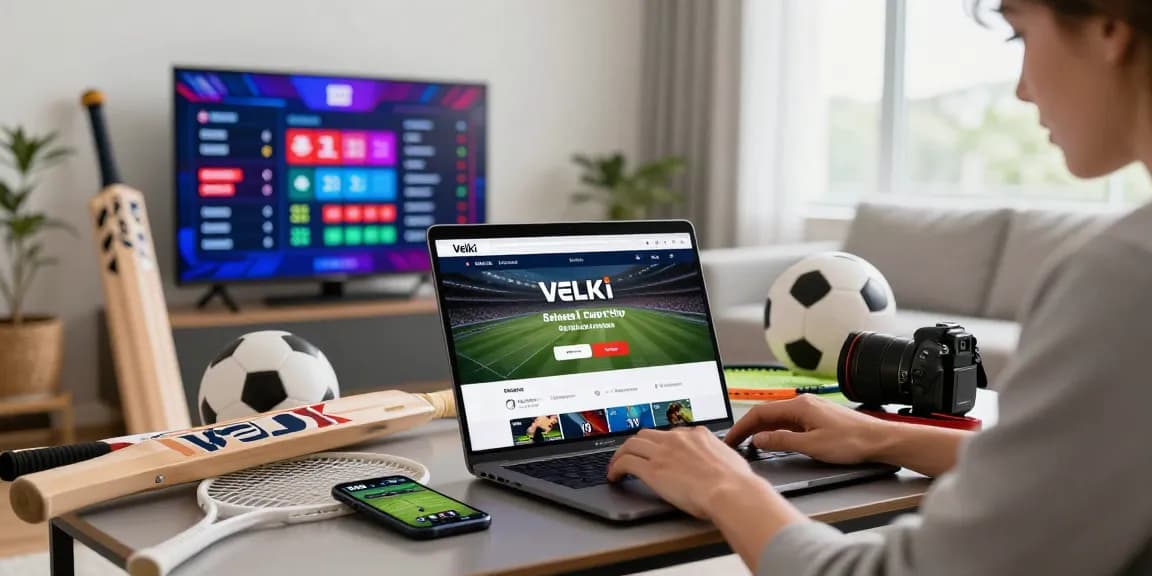 Velki Login experience with user accessing the platform amidst sports equipment and live match displays.