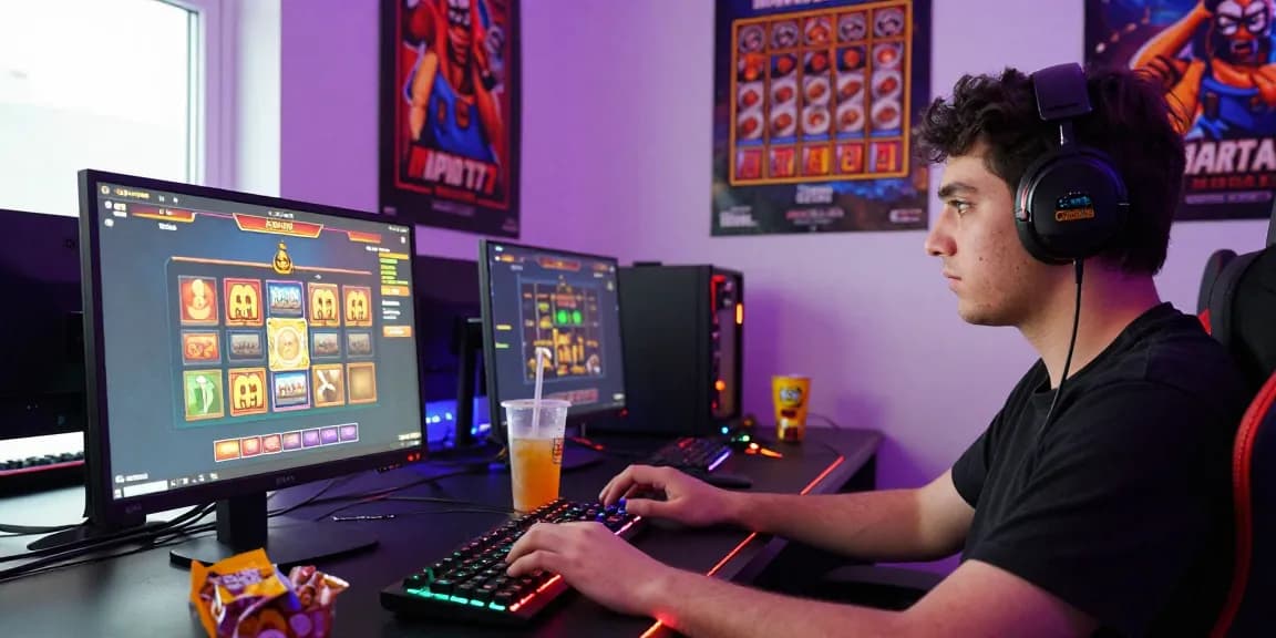 Immersive gaming setup highlighting mpo777 slot online experience with vibrant lights and focused player.