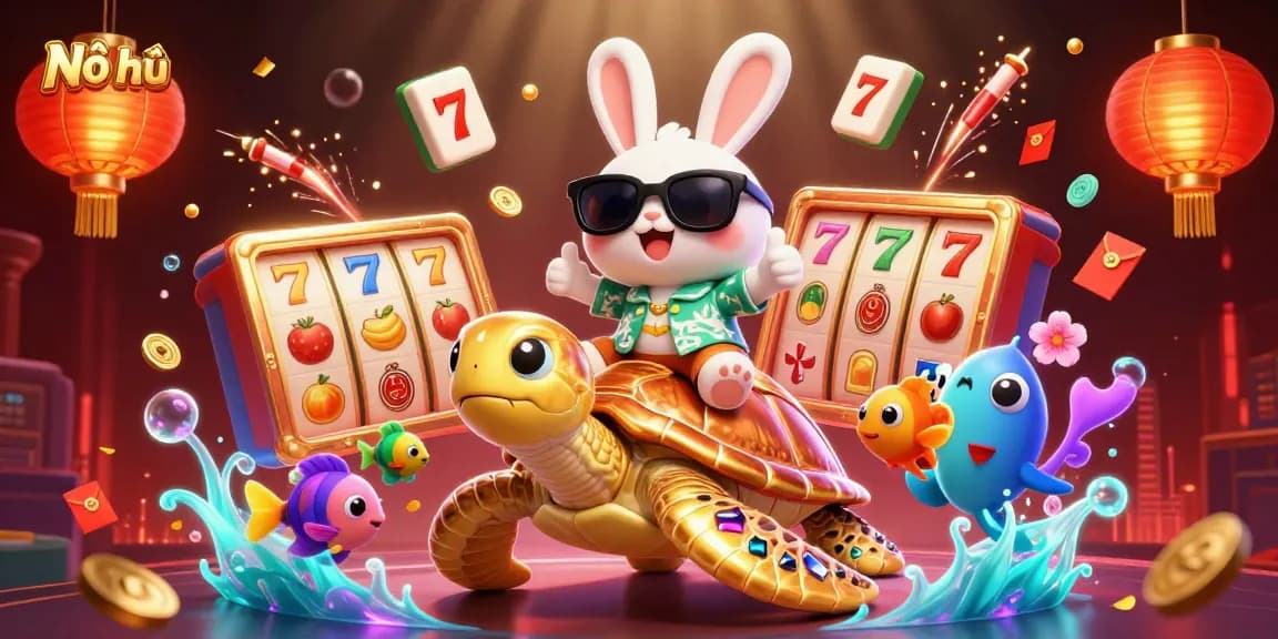 Nổ hũ jackpot spinning scene with a lucky rabbit, golden turtle, and rich casino elements.