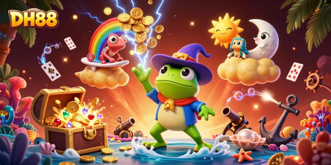 Experience thrilling wins at DH88 with vibrant casino-themed 3D illustration featuring magical characters.