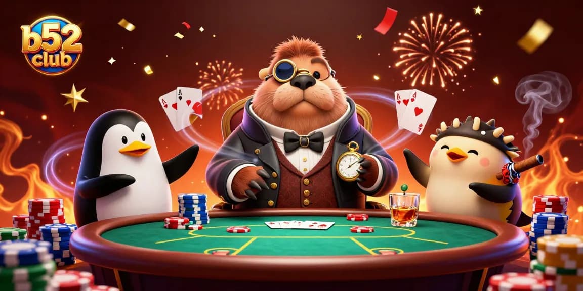 Join the jolly walrus and friends in an underwater poker game at b52club, featuring vibrant chips and elegant details.