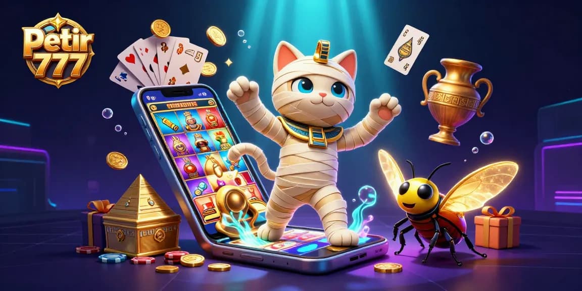 Experience petir 777 action with a vibrant scene of an Egyptian mummy cat and casino elements.