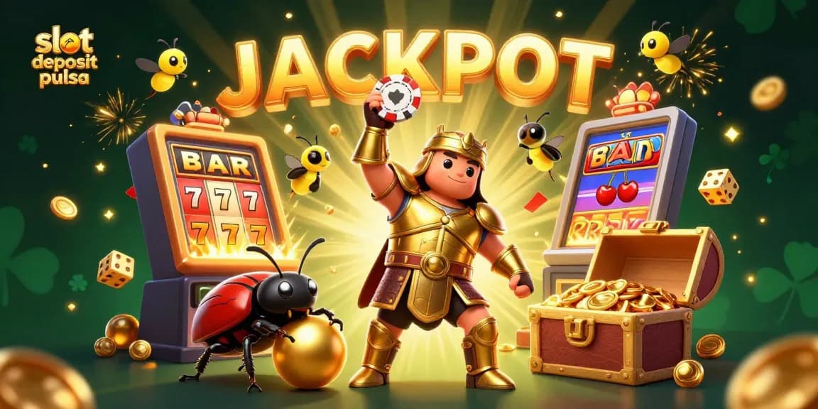 Slot deposit pulsa dengan ilustrasi jackpot dan karakter serangga 3D yang menarik.