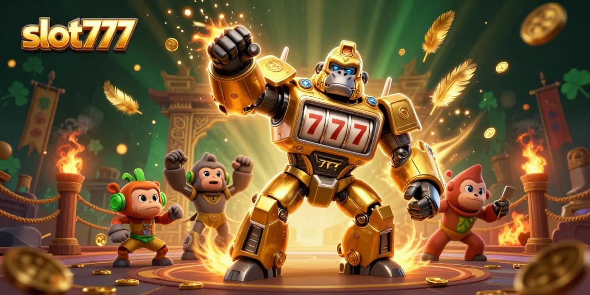 Experience thrilling action in this slot777-themed illustration featuring a golden gorilla mech and vibrant casino elements.