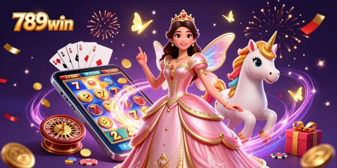 Spin the reels with 789win as a glamorous princess and unicorn join a vibrant casino adventure.