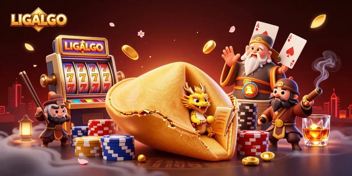 LIGALGO showcases a vibrant slot gaming scene with a golden fortune cookie and dynamic casino elements.