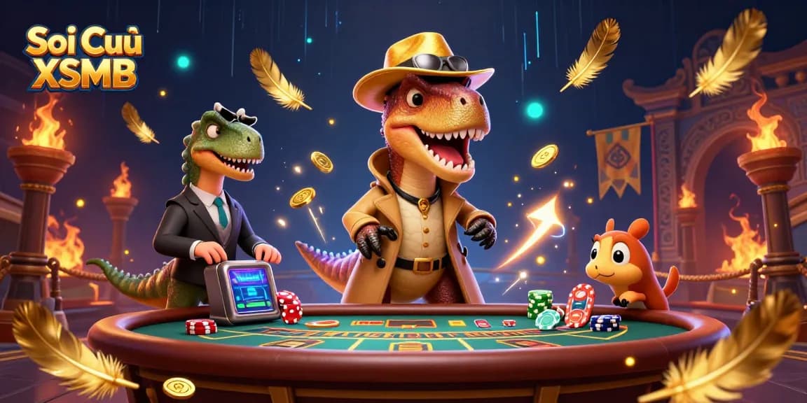 Soi Cầu XSMB reveals a cartoon velociraptor card counter sneaking chips at a blackjack table in a vibrant casino.
