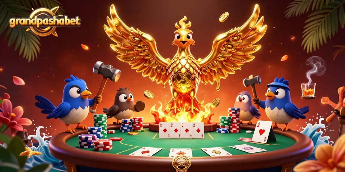 Experience the excitement of grandpashabet with golden phoenix, poker chips, and vibrant casino elements.
