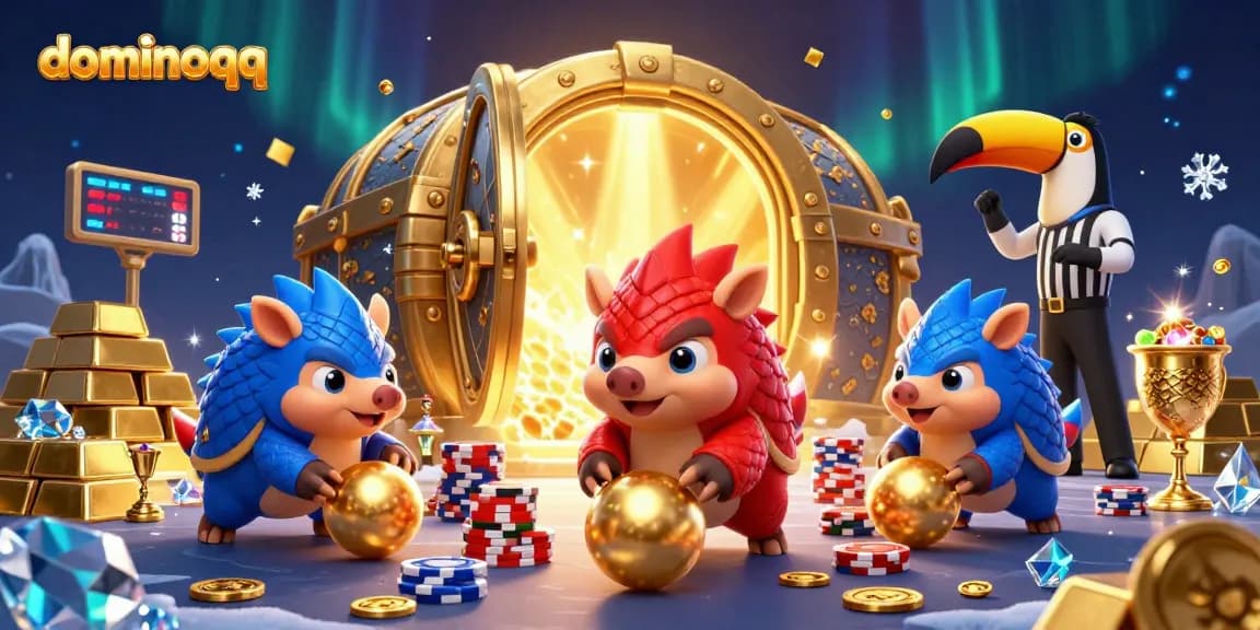 Watch the dominoqq pangolins compete in an exciting poker showdown surrounded by treasures.