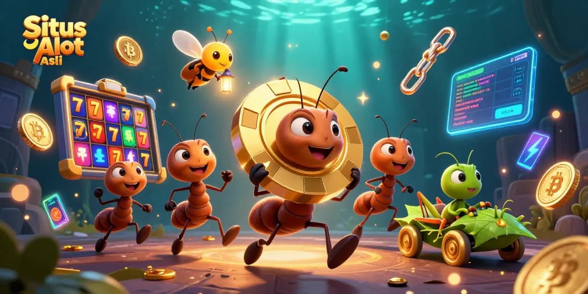 Experience the thrill of Situs Slot Asli as cartoon ants navigate a vibrant, rich slot machine world.