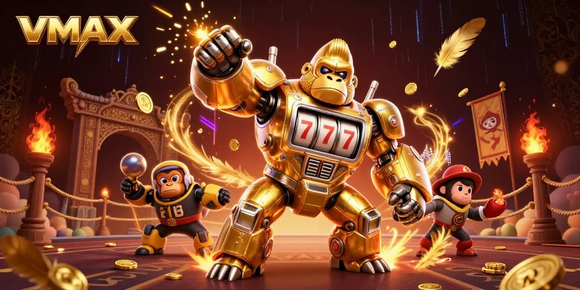 Gameplay explosions at VMAX casino featuring a golden gorilla mech with spinning slot reels.