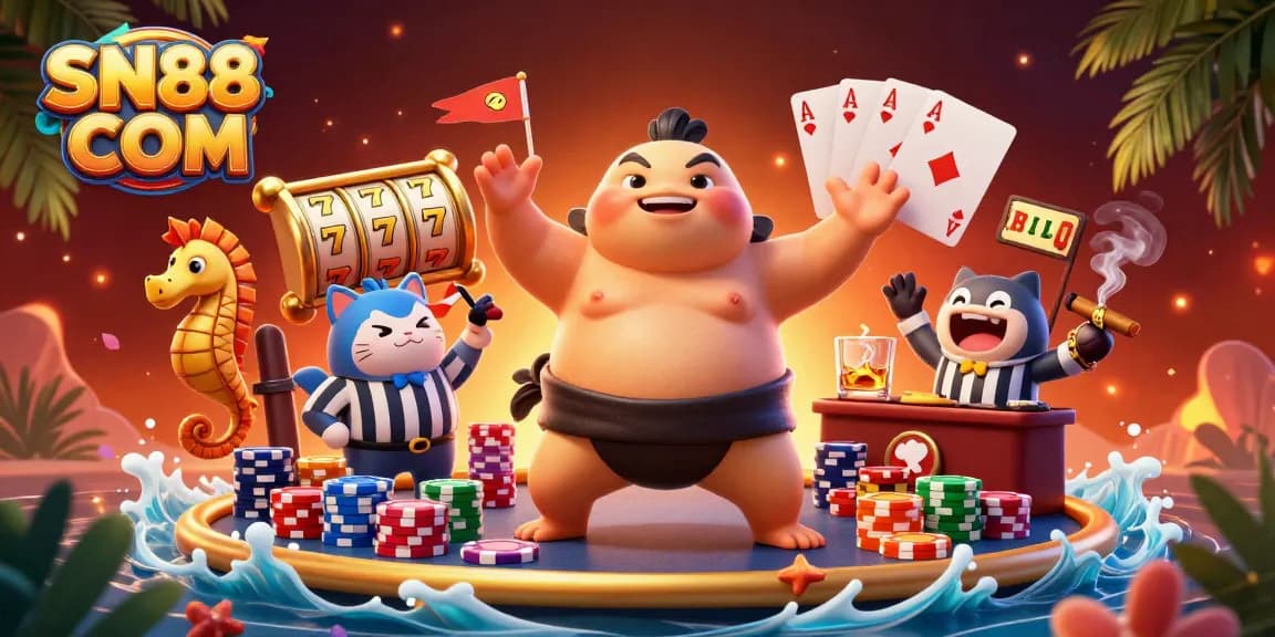 Engage in thrilling games at SN88 COM with an animated underwater casino scene featuring unique characters and rich elements.