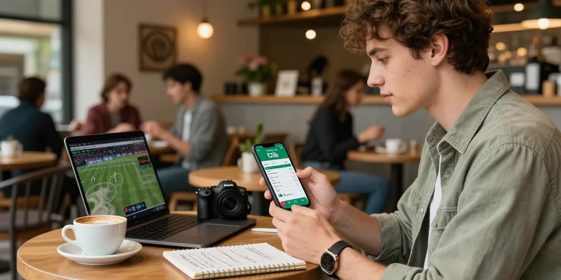Engaged user placing bets on the 123b app at a cafe, surrounded by coffee and a laptop.