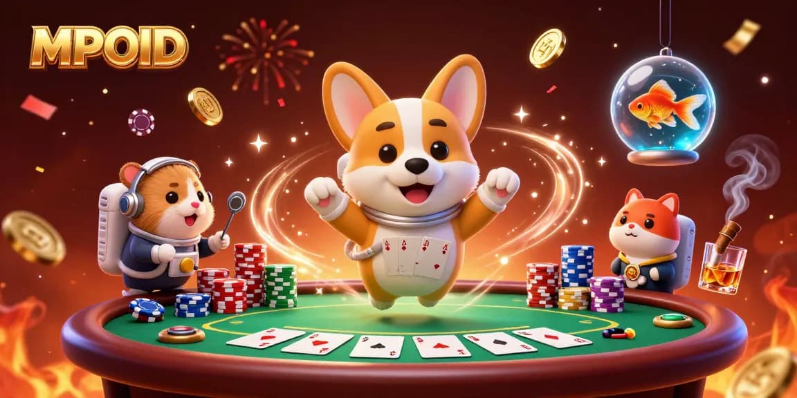 MPOID showcases a vibrant space station casino scene with a floating dog, hamster, and goldfish among poker elements.