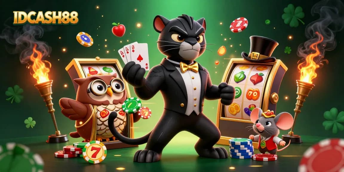 Experience thrilling slots at IDCASH88 with vibrant characters, dynamic casino elements, and a luxurious atmosphere.