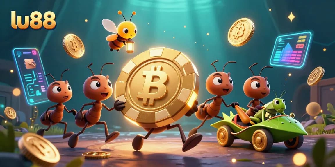 Engage with lu88 by exploring a dynamic heist scene featuring ants and crypto-themed elements.