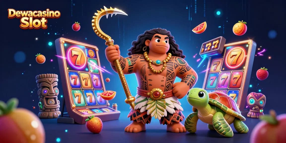 Win big with Dewacasino Slot, featuring hawk and turtle in a vibrant casino scene