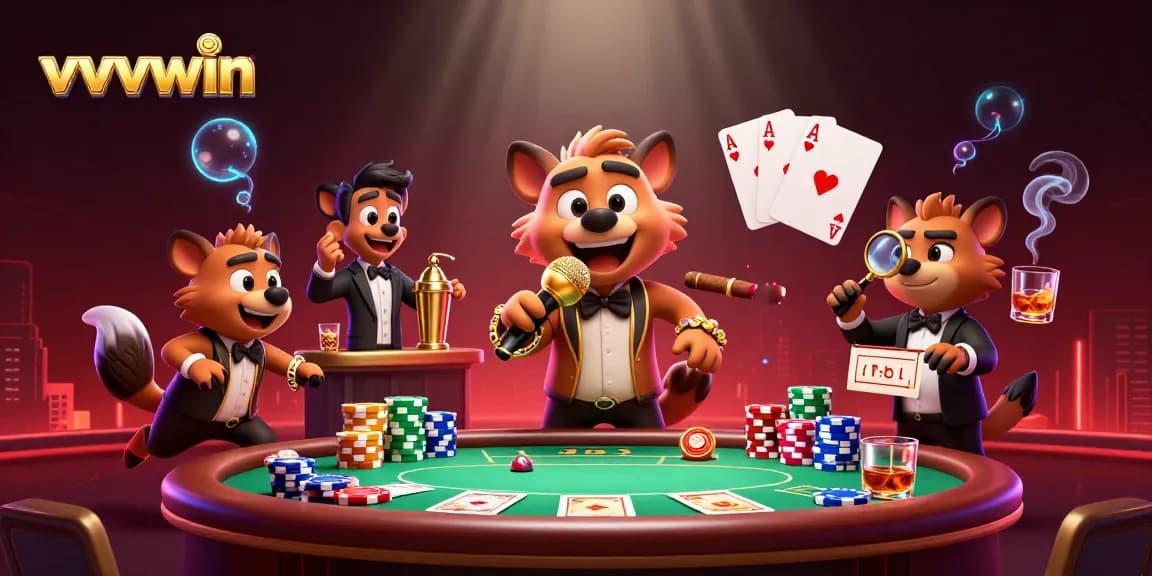 Enjoy thrilling moments at vvvwin's comedy casino with lively hyenas and poker action.